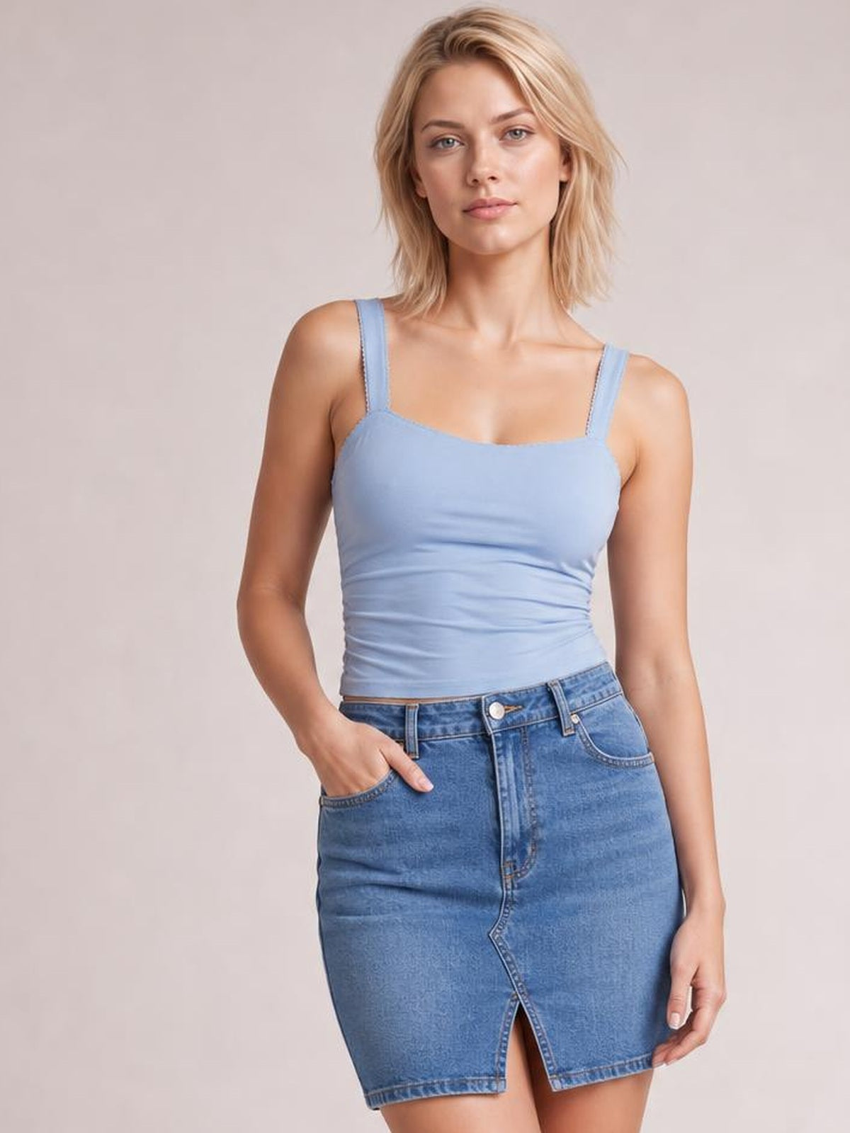 Model poses with one hand in her pocket wearing a light blue square-neck cami with wide straps and a fitted, slightly ruched silhouette.