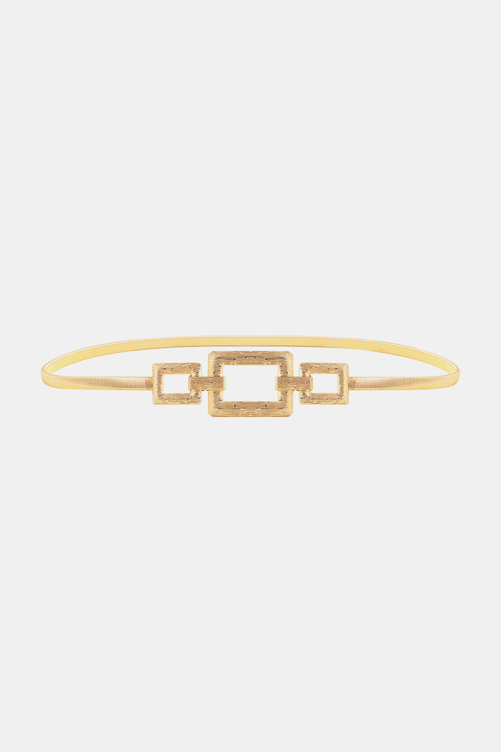 Slim gold zinc alloy and iron belt with a layered geometric buckle featuring three open square shapes and a refined 0.4-inch profile.
