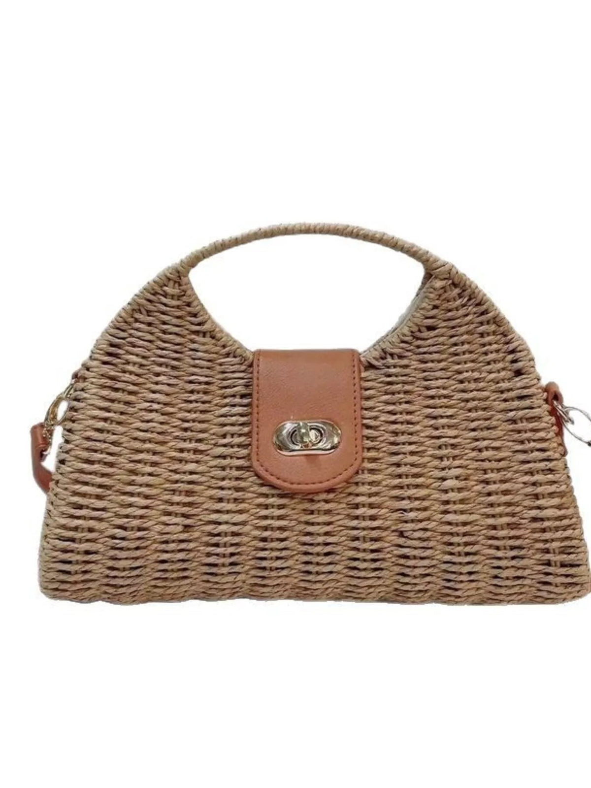 Medium tan straw woven bag with a structured trapezoid silhouette, rounded top handle, brown leather tab, and polished clasp closure.