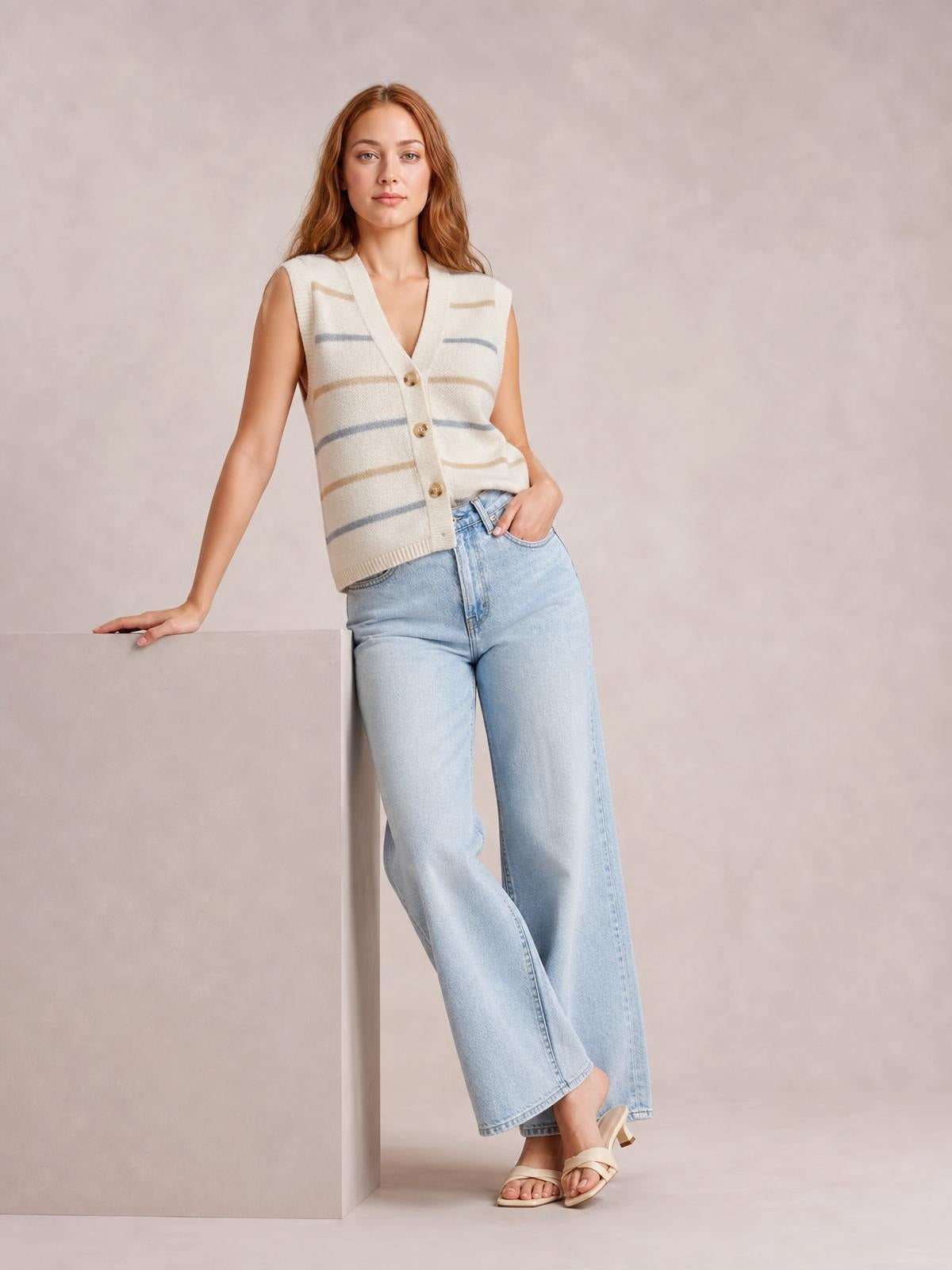 Model wears a cream striped button-down sweater vest with a V-neck, sleeveless cut, relaxed silhouette, and beige and blue horizontal stripes.