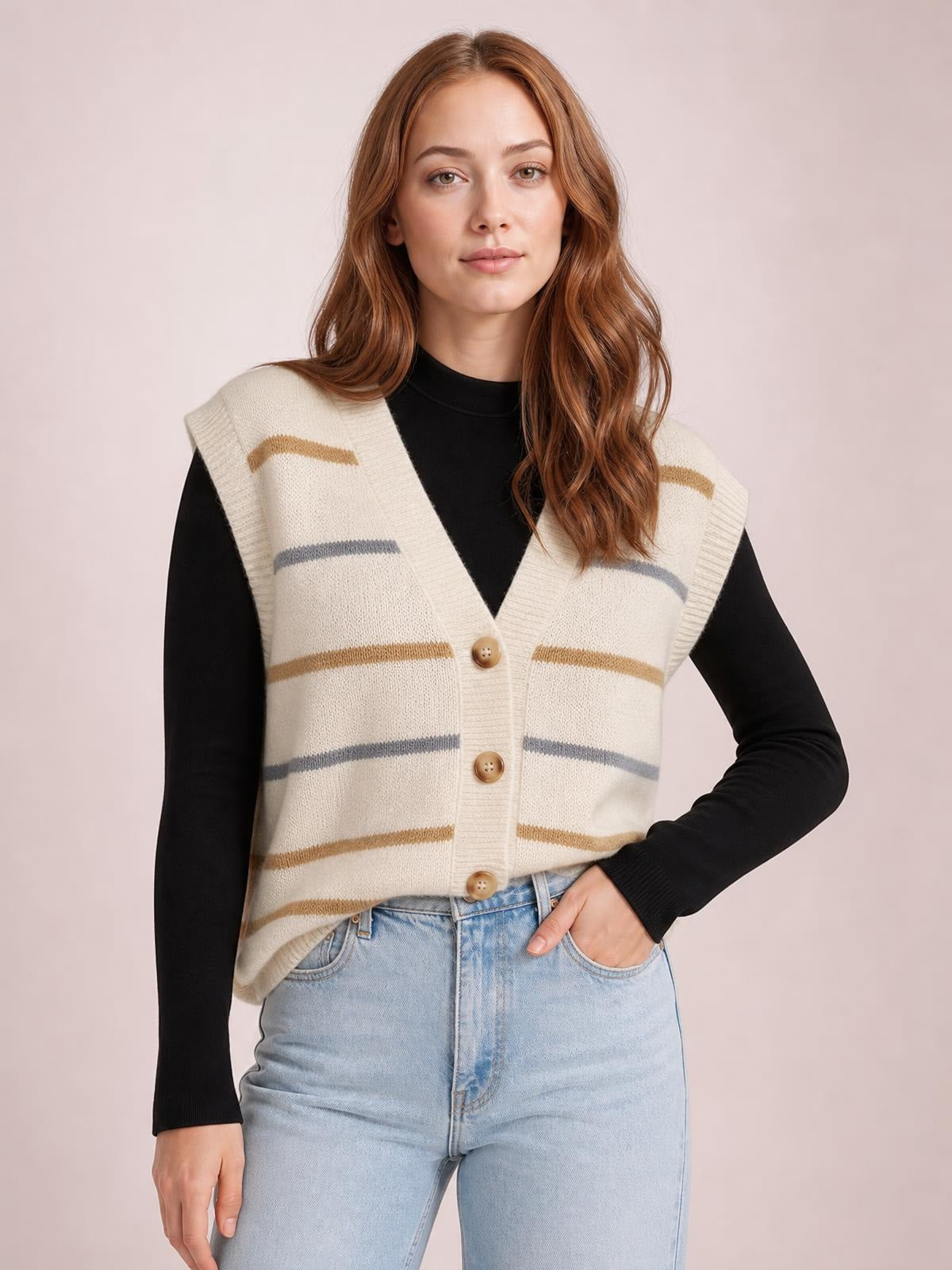 Model poses with one hand in her jeans pocket, wearing a cream striped button-down sweater vest with a V-neck, ribbed edges, and wooden buttons.