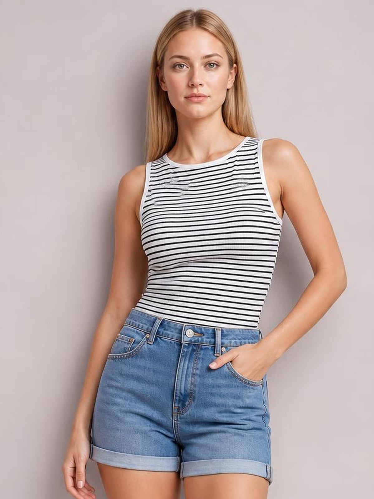 Model poses with one hand in her pocket wearing a fitted white-and-black striped ribbed tank with a round neck and wide shoulder straps.