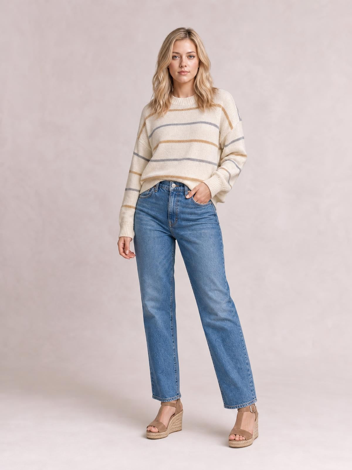 A model wears a cream striped round neck drop shoulder sweater with gray and tan stripes, relaxed silhouette, ribbed cuffs and hem, posing with one hand in her jeans pocket.
