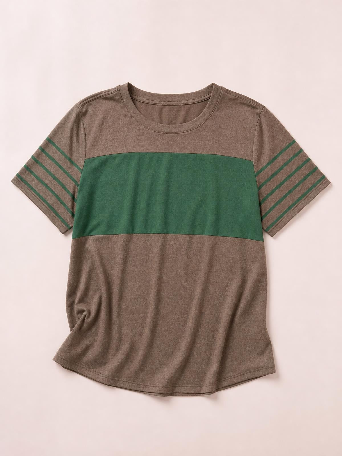 Brown and green striped round-neck short-sleeve T-shirt with a relaxed silhouette, contrasting chest panel, striped sleeves, and neatly stitched hems.