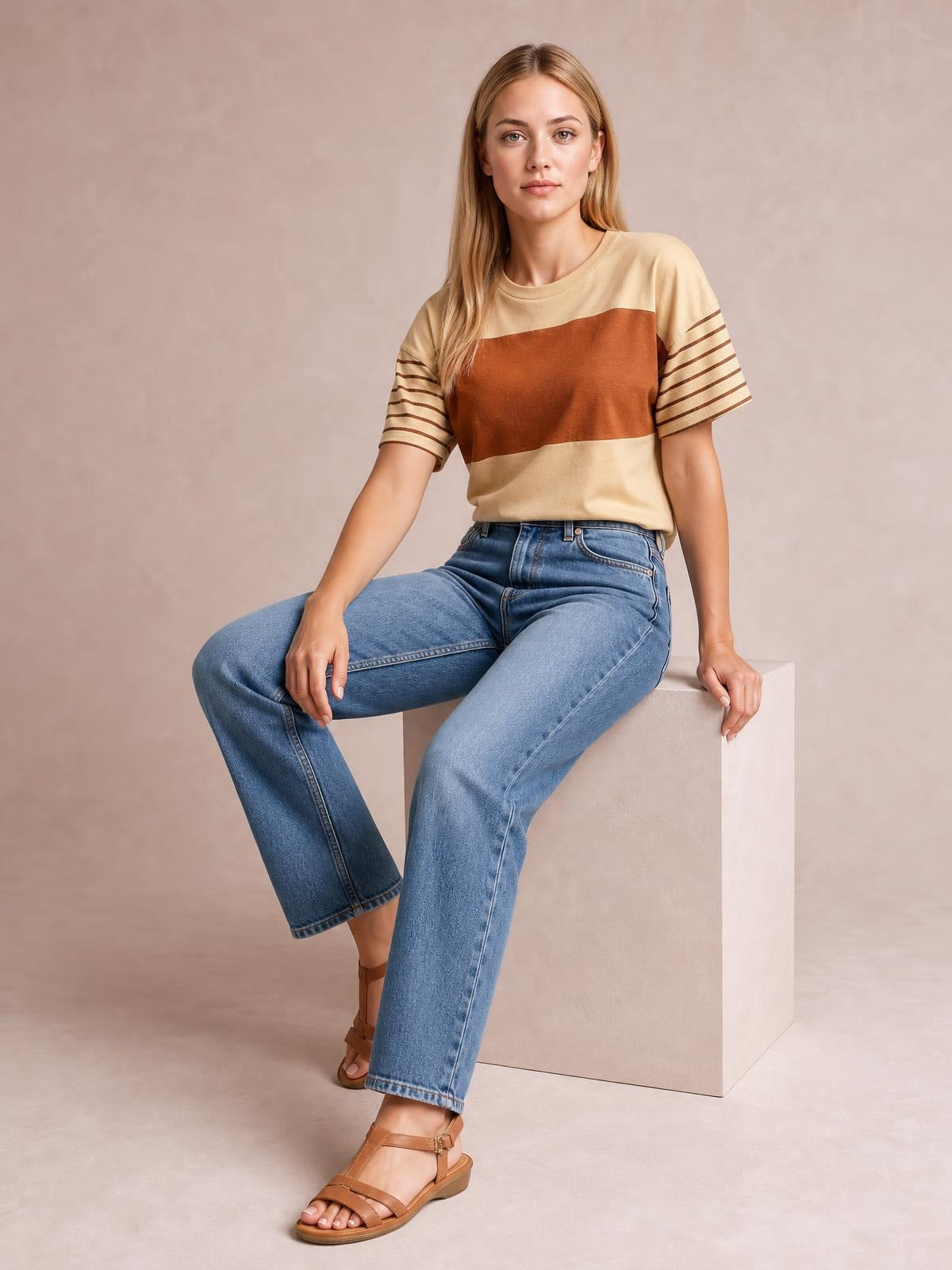 A woman seated in light blue jeans wears a beige striped round-neck short-sleeve T-shirt with a rust-brown color-block panel and relaxed silhouette.
