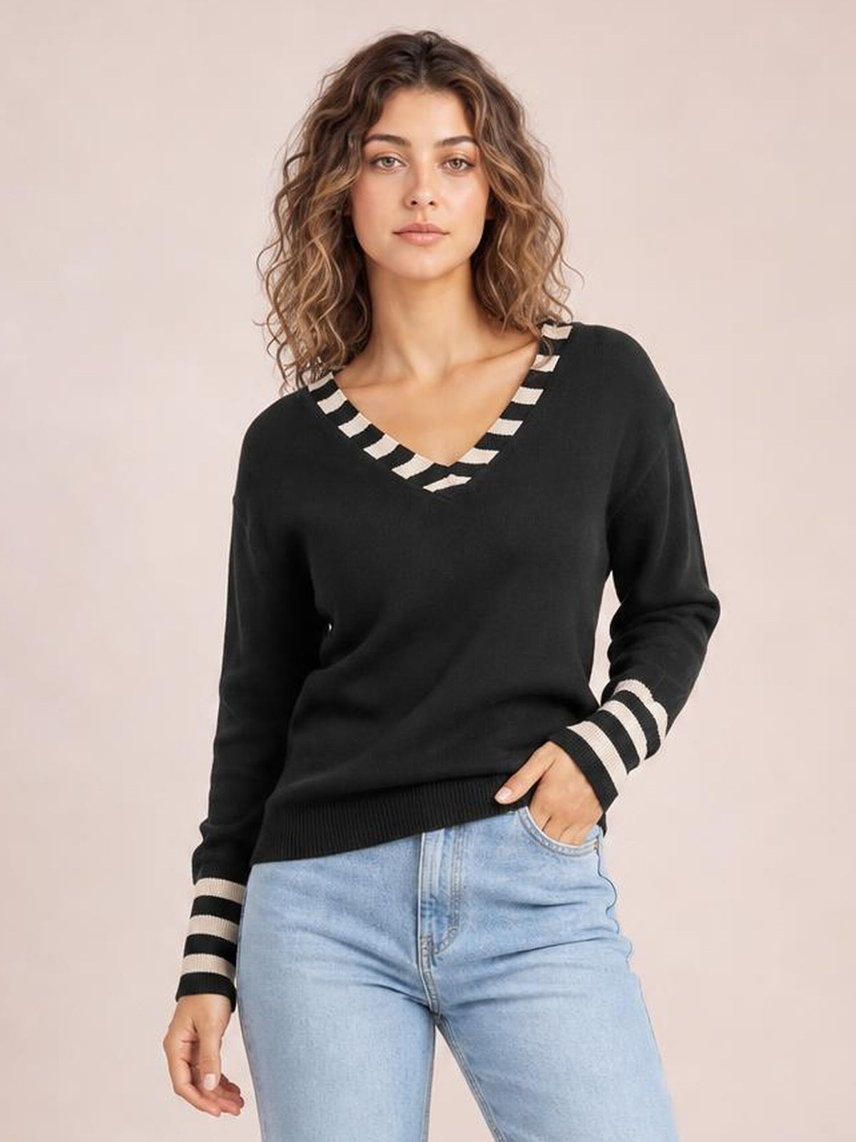 Striped Trim Drop Shoulder Sweater · Rule Full Body - Hero Full Body