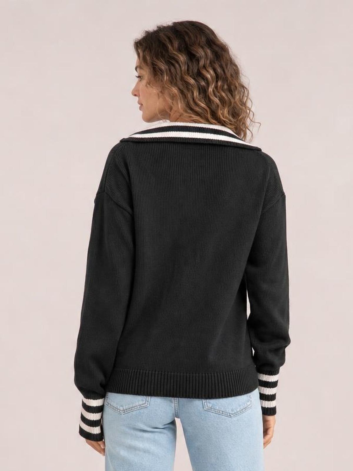 Striped Trim Drop Shoulder Sweater · Rule Full Body - Back View
