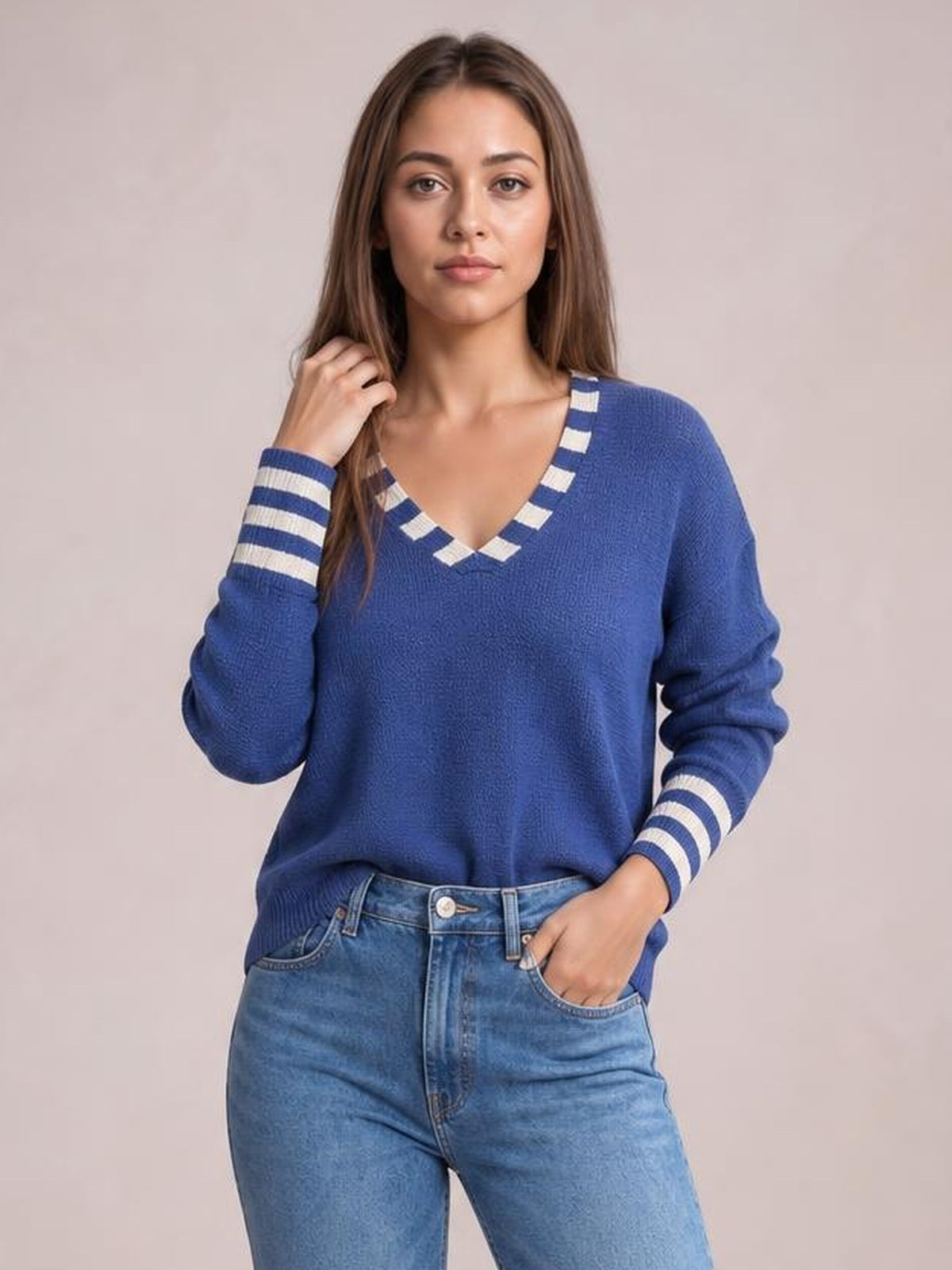 Striped Trim Drop Shoulder Sweater · Rule Full Body - Medium / Three-Quarter
