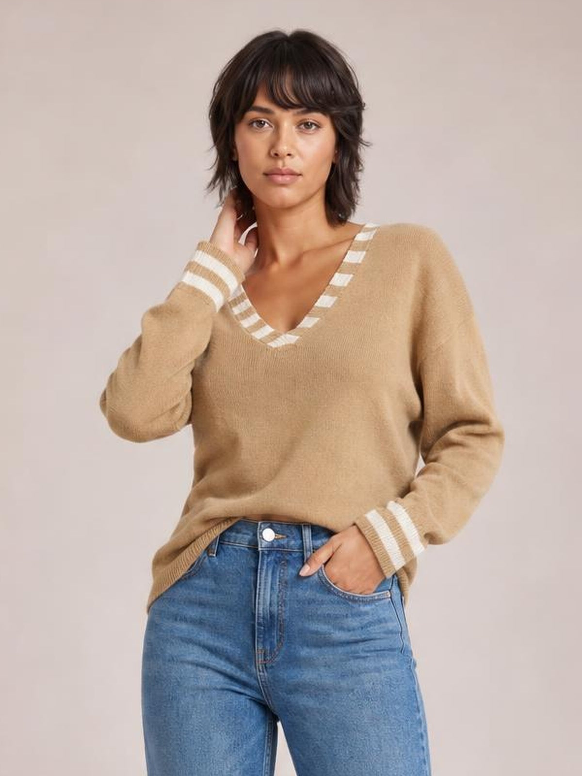 Striped Trim Drop Shoulder Sweater · Rule Full Body - Medium / Three-Quarter