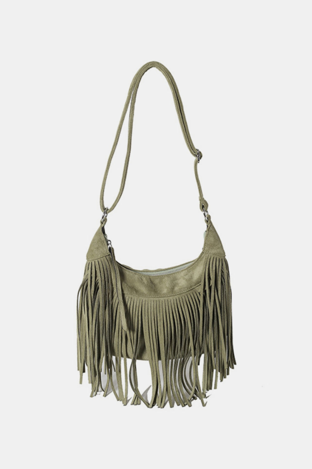 Small olive suede shoulder bag with an adjustable strap, softly curved silhouette, and long fluid fringe framing the sides and bottom.