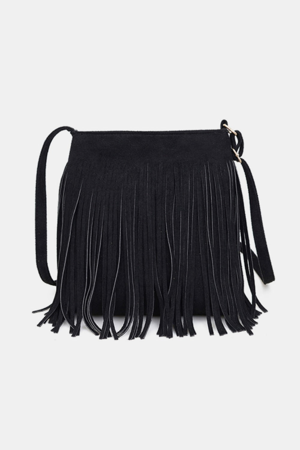 Black suede fringe shoulder bag with a softly structured rectangular silhouette, long fluid fringe, slender strap, and gold-tone hardware.