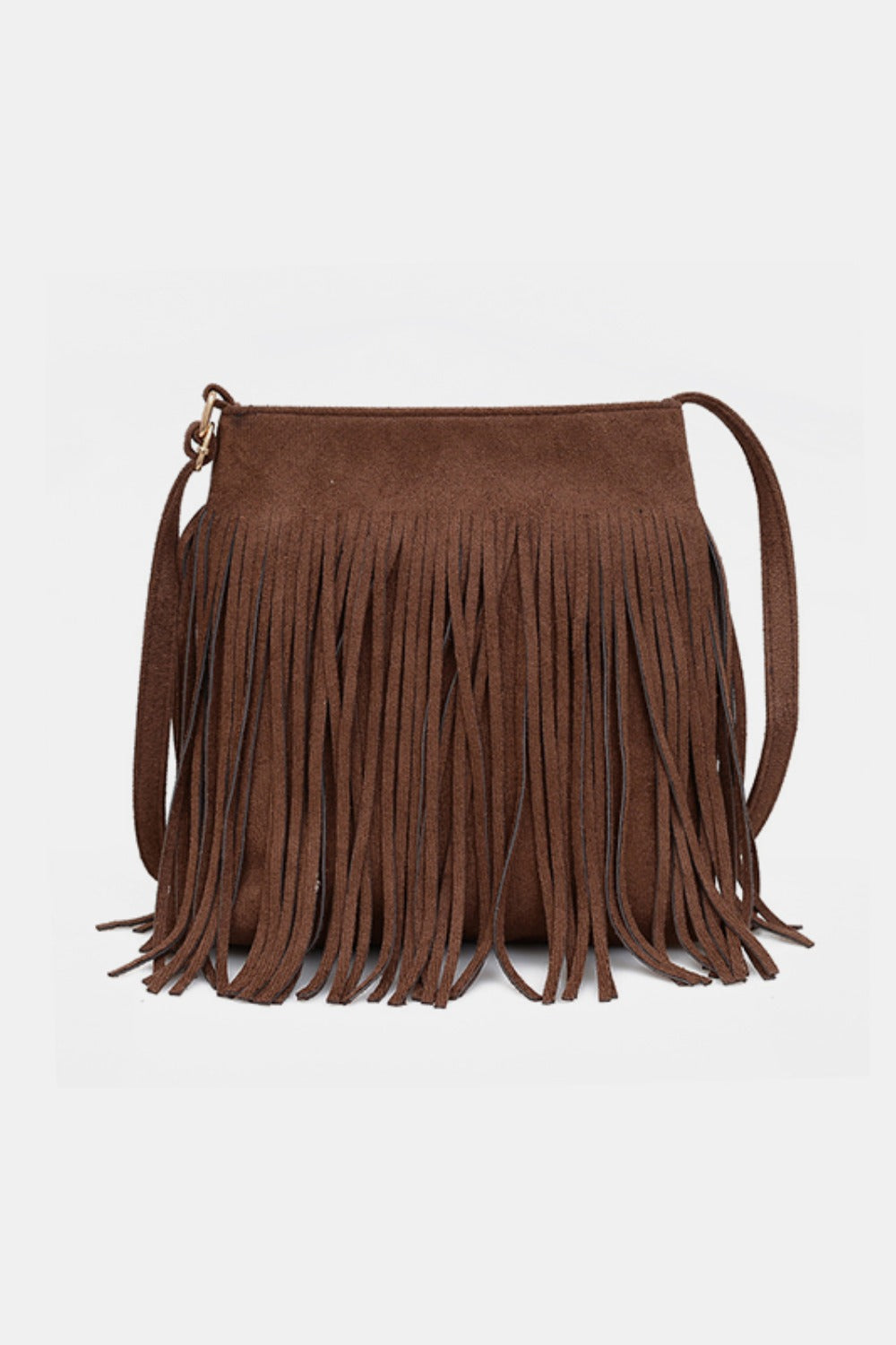 Brown suede fringe shoulder bag with a softly structured rectangular silhouette, long fluid fringe, slender strap, and silver-tone ring hardware.