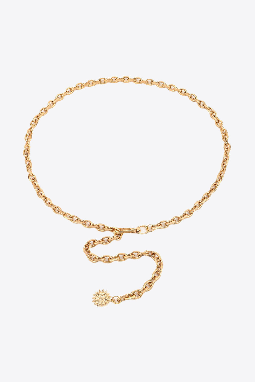 Gold-tone Sun Iron Chain Belt with an open linked construction, lobster clasp, adjustable trailing chain, and a decorative sun charm.