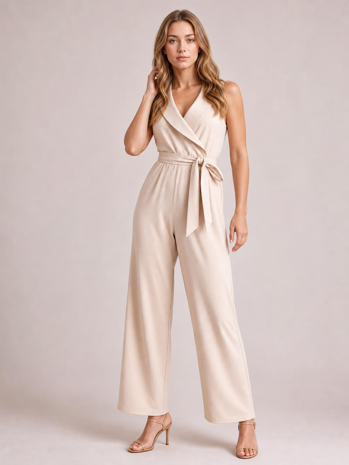 Model wearing a cream surplice sleeveless jumpsuit with a tied waist, wrap-style neckline, and flowing wide-leg silhouette.