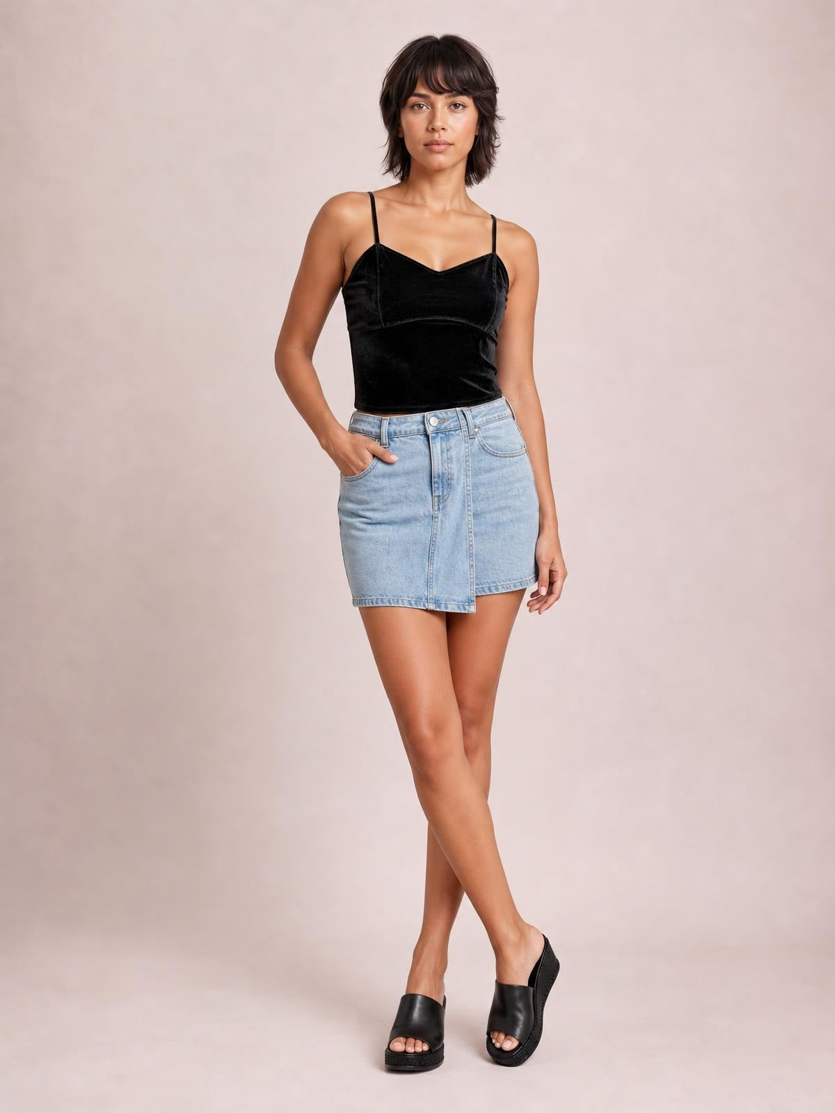 Model poses in a black cropped cami with thin straps, a sweetheart neckline, fitted silhouette, and structured seam across the bust.