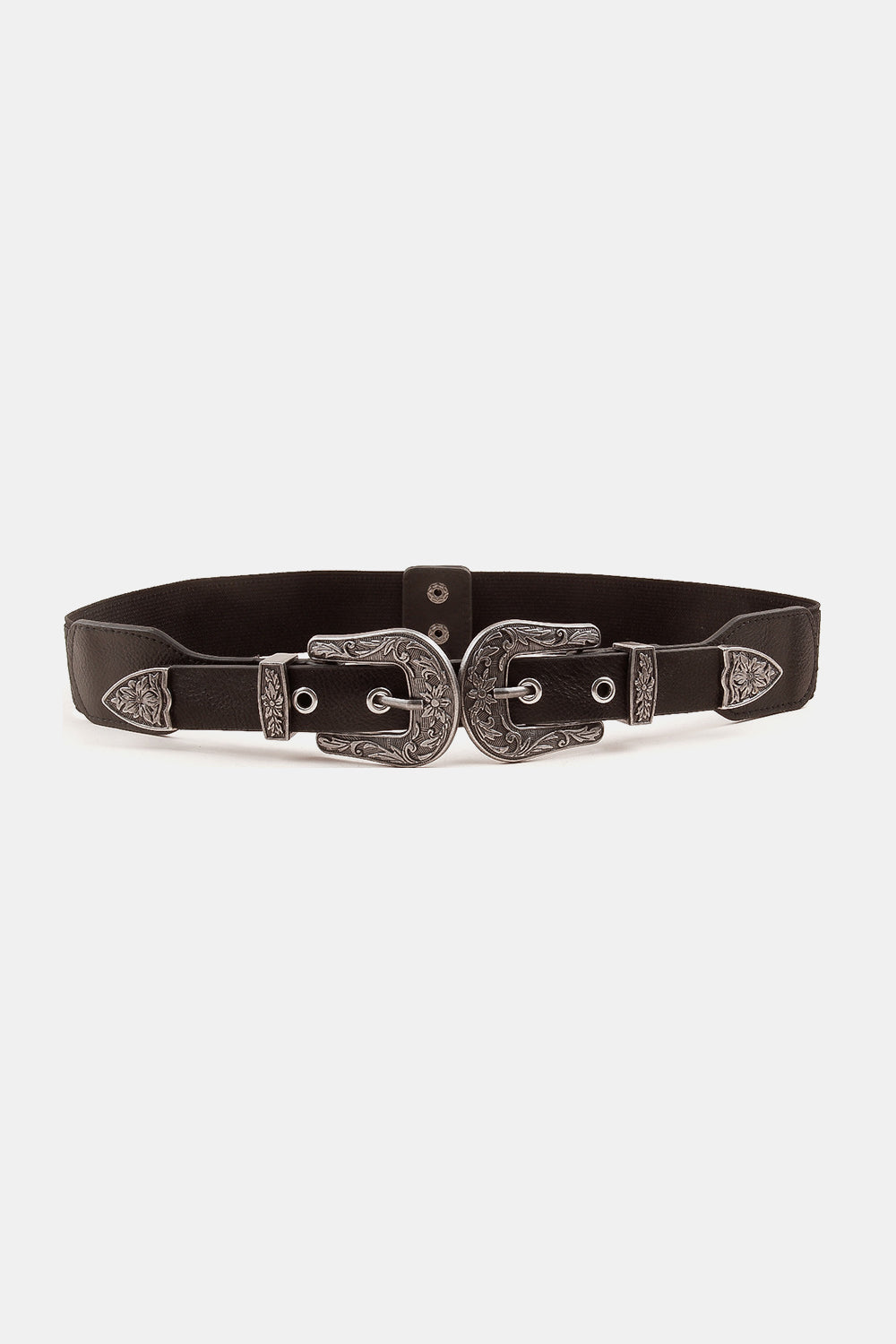 Black PU leather belt with a symmetrical double-buckle design, ornate zinc alloy hardware, punched holes, and a bold 1.5-inch waist-defining silhouette.