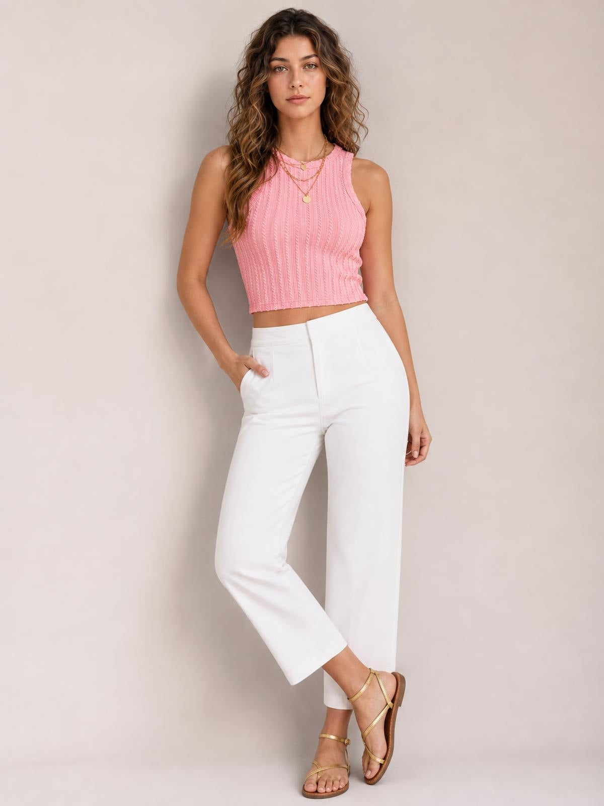 A model wears a pink textured cropped tank with a high neckline and sleeveless silhouette, posing with one hand in her pocket and legs crossed.