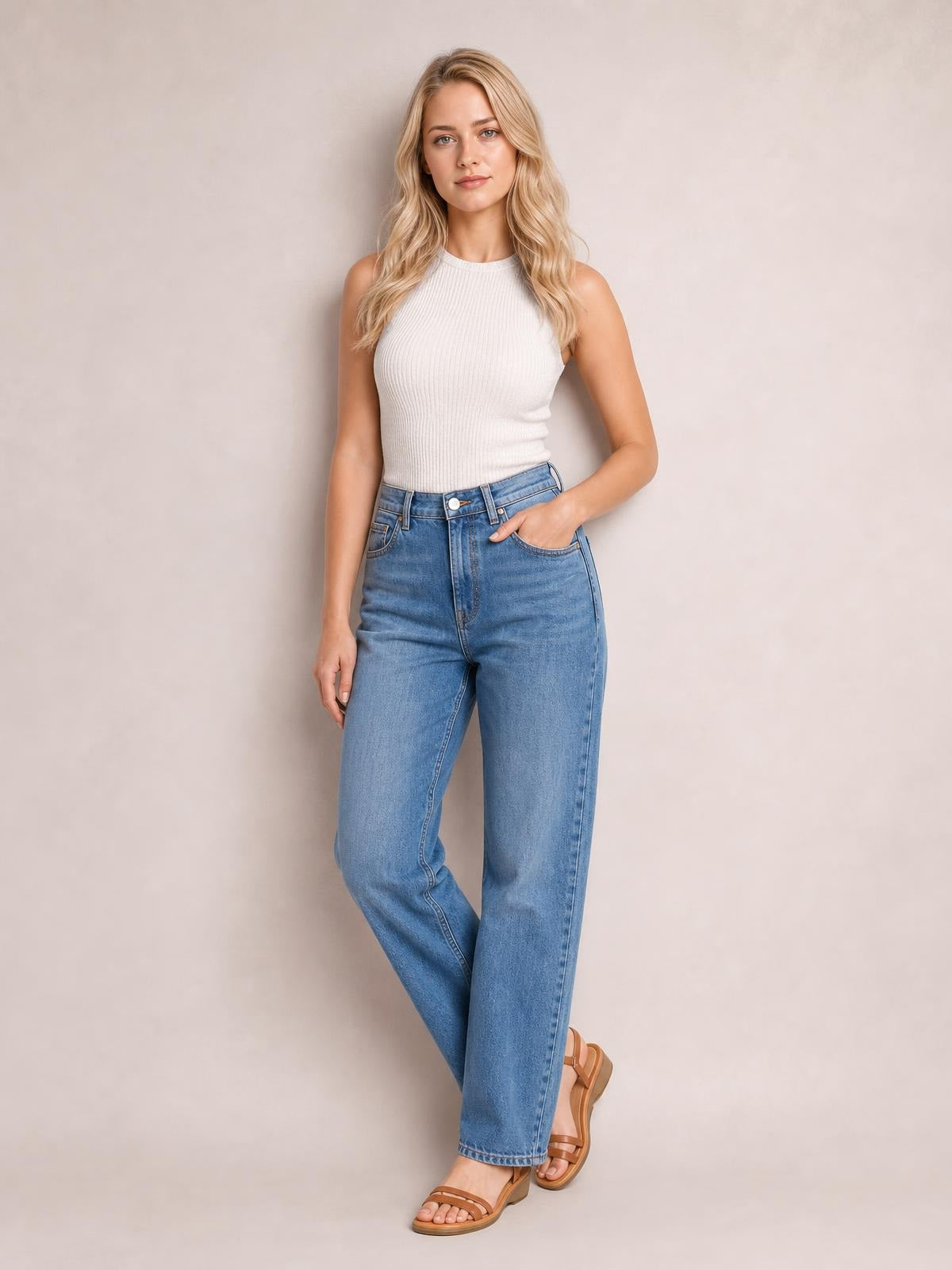 Model poses in a white textured round neck tank with a fitted sleeveless silhouette, paired with high-waisted blue jeans.