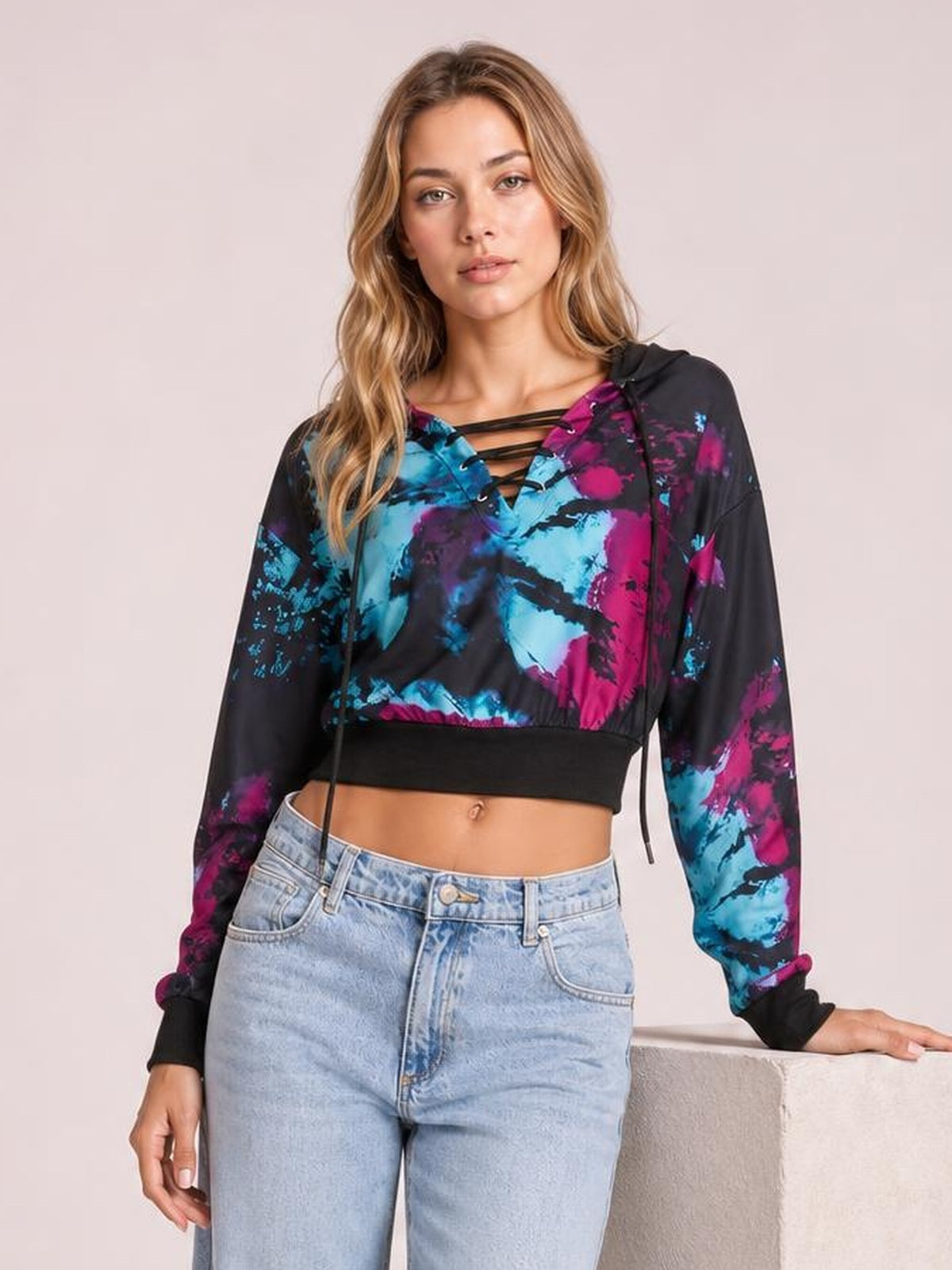 Tie-Dye Lace-Up Hoodie · Rule Full Body - Medium-Close Editorial · Hip / Waist Up