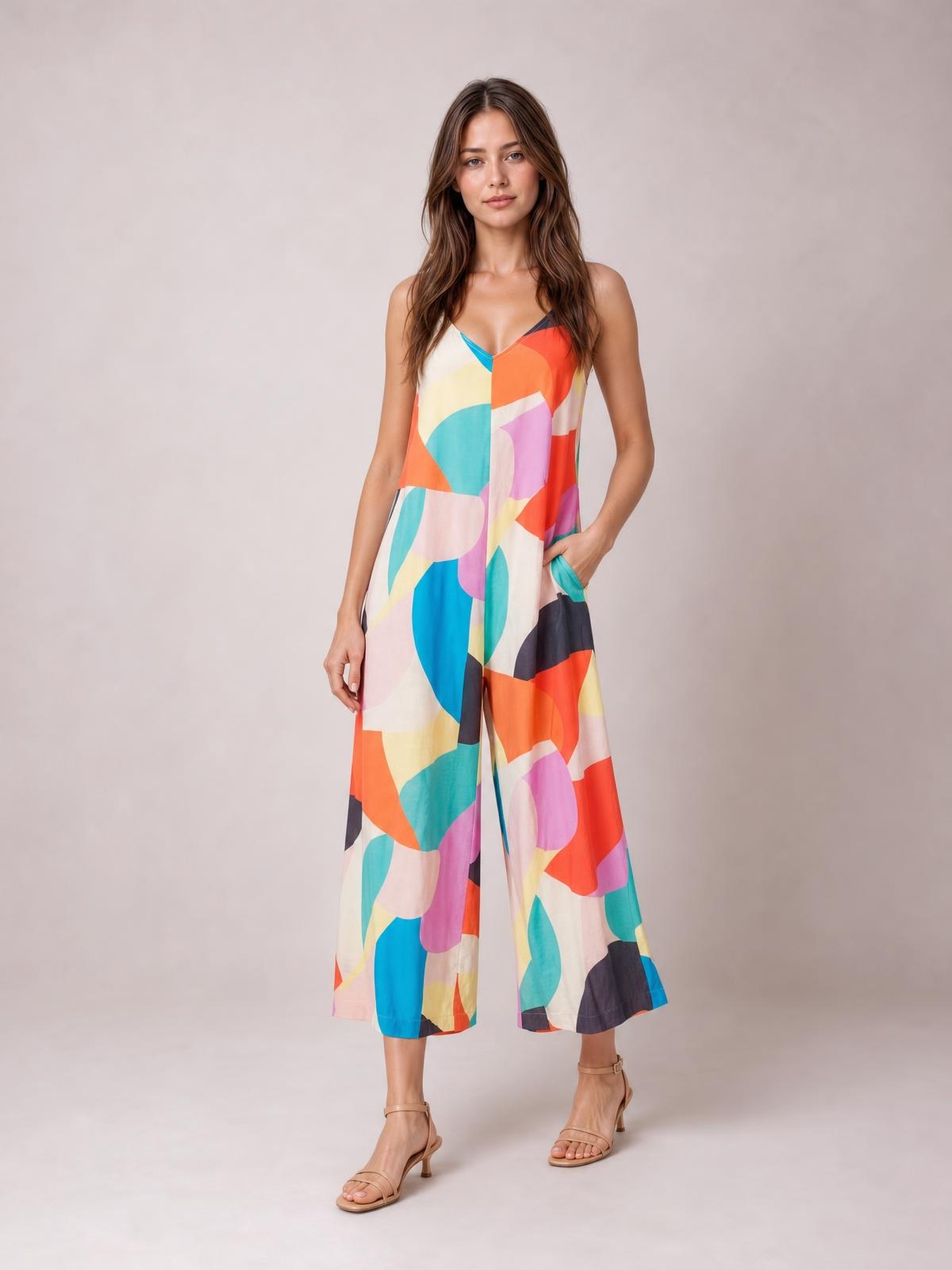 Model wears a colorful geometric print jumpsuit with tied shoulder straps, a relaxed wide-leg silhouette, and side pockets.