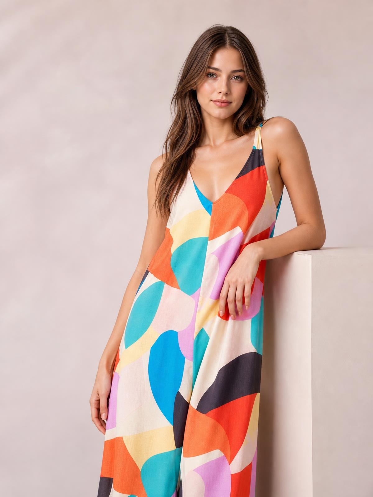Model in a colorful geometric print jumpsuit with tied shoulder straps and a relaxed wide-leg silhouette, leaning with one hand on a block.
