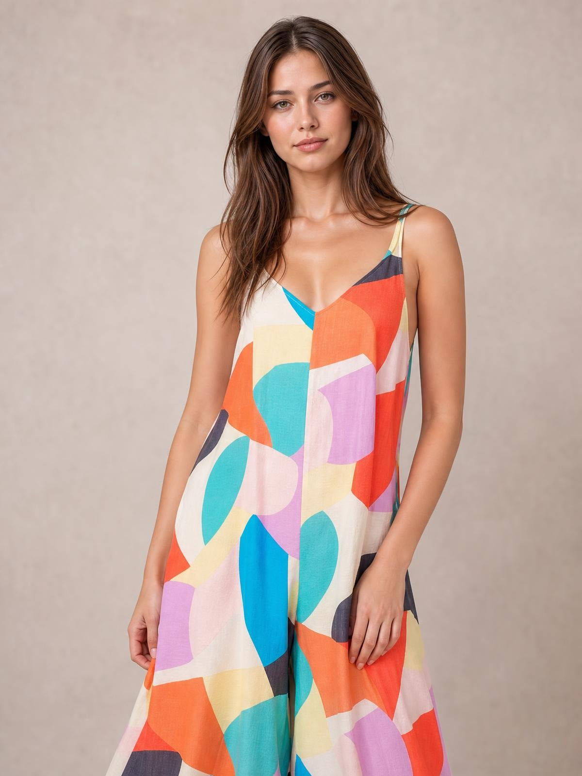 Model wears a colorful geometric print jumpsuit with tied shoulder straps, a relaxed V-neck bodice, and a flowing wide-leg silhouette.