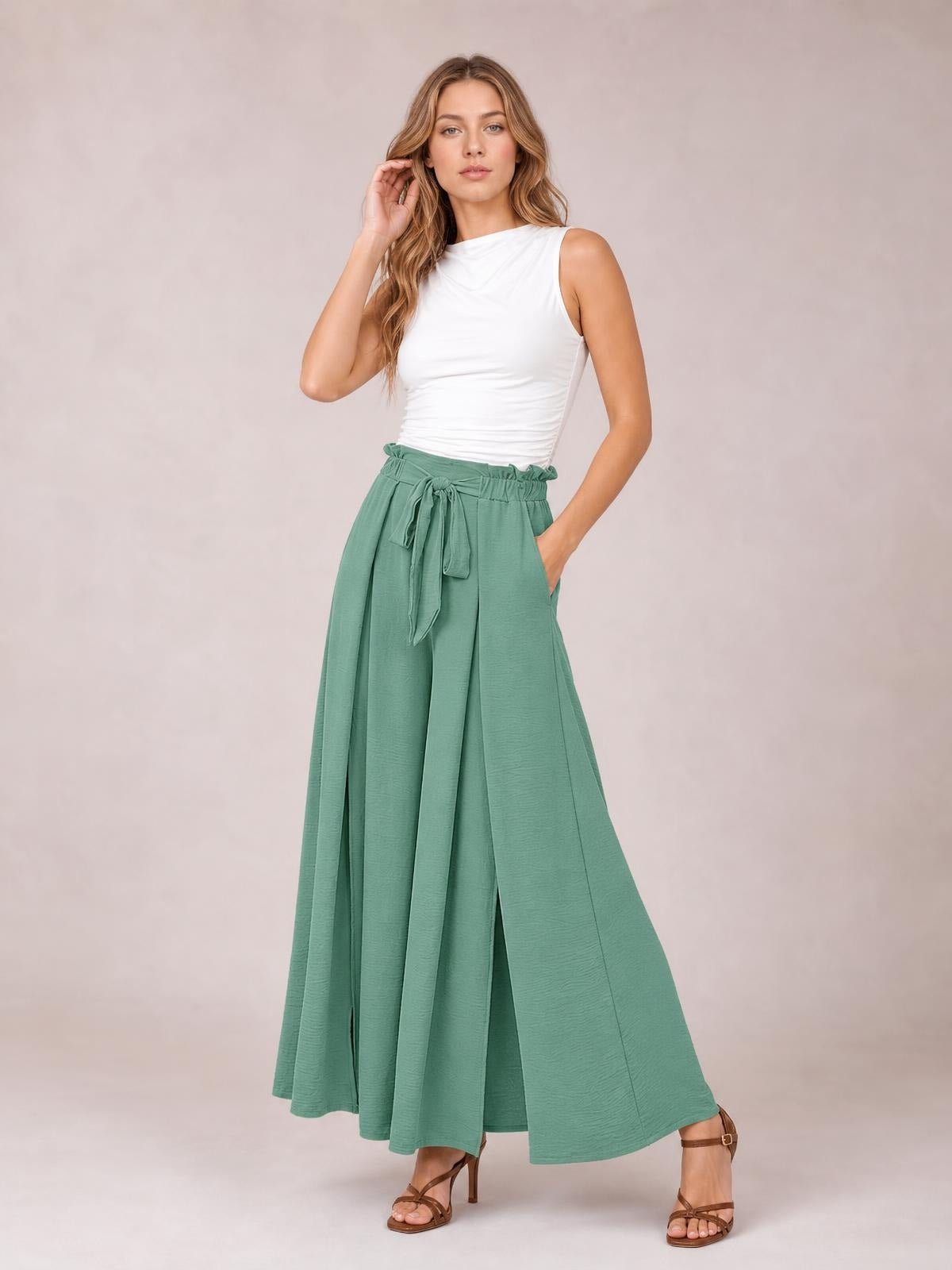 Tied Slit Wide Leg Pants · Medium / Three-Quarter