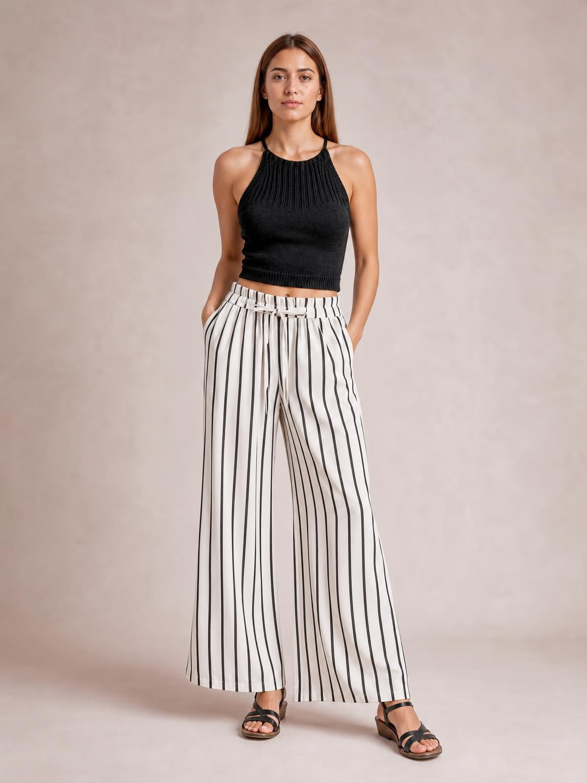 Model wearing white-and-black striped wide-leg pants with a tied waistband and flowing full-length silhouette, posed with hands in pockets.