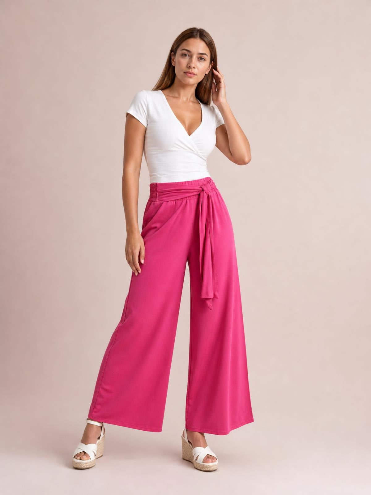 Tied Wide Leg Pants with Pockets · Medium / Three-Quarter