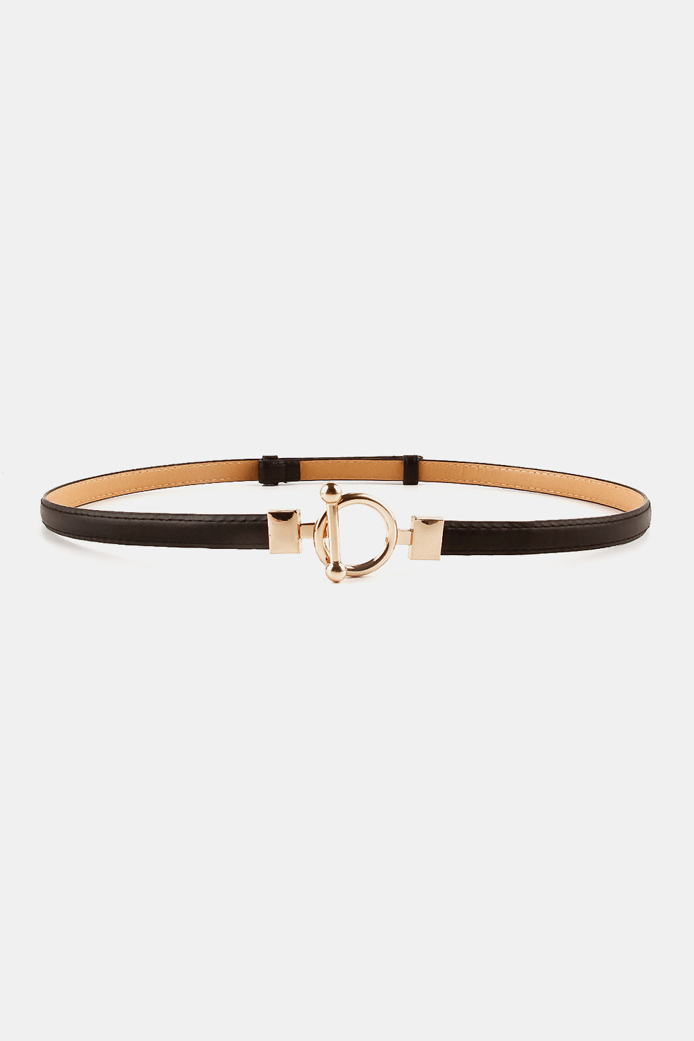 A sleek black skinny PU belt features stitched edges, a streamlined silhouette, and a polished gold-tone toggle buckle with circular hardware.