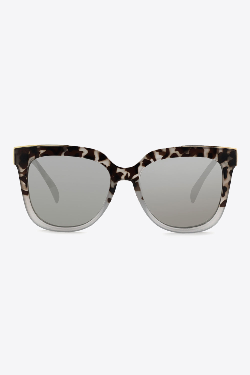 Full-rim square sunglasses with a light gray tortoiseshell polycarbonate frame, softly rounded silhouette, and subtly tinted gray lenses.