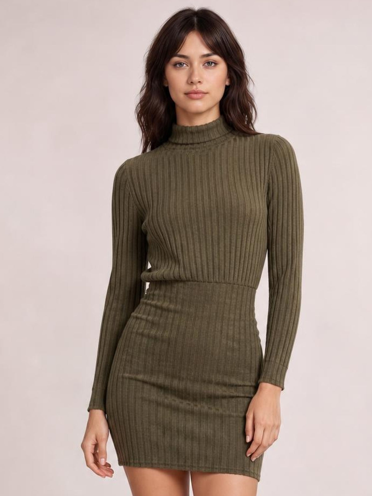 A model stands facing forward in a brown turtleneck bodycon ribbed knit dress with long sleeves, a fitted silhouette, and a short hemline.