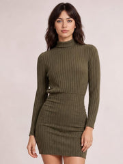 A model stands facing forward in a brown turtleneck bodycon ribbed knit dress with long sleeves, a fitted silhouette, and a short hemline.