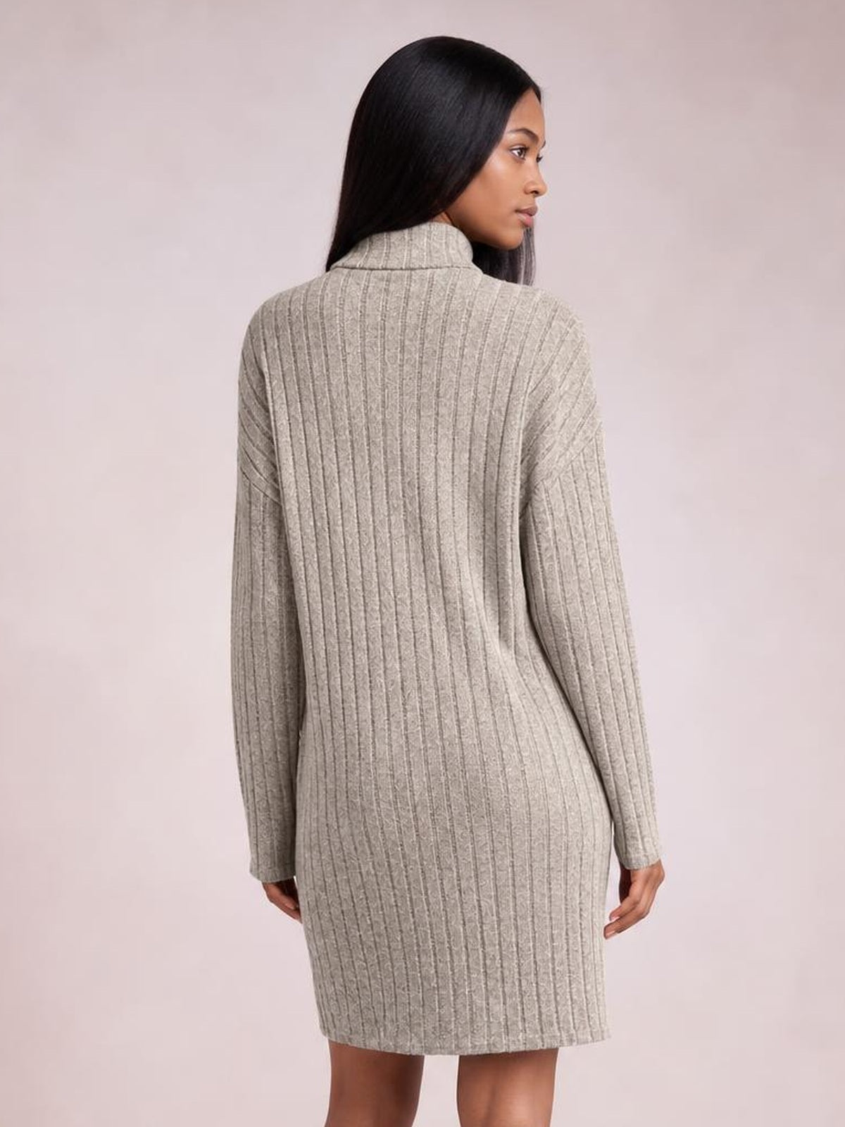 Model shown from the back in a taupe turtleneck ribbed knit dress with long sleeves, vertical ribbing, and a relaxed straight silhouette.