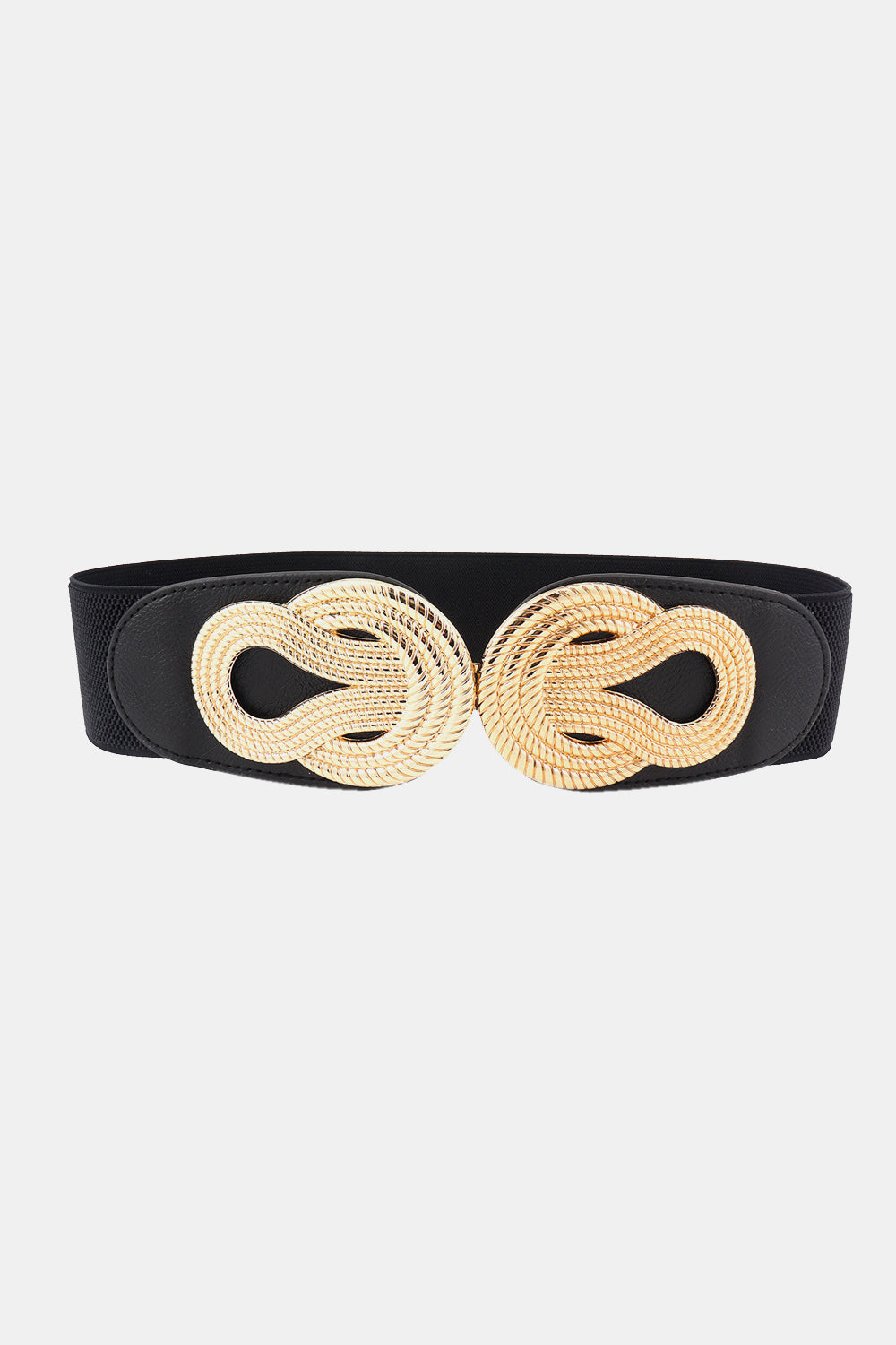Black wide PU belt with a sleek silhouette and sculptural warm metallic alloy buckle featuring two intertwined loop-inspired forms.