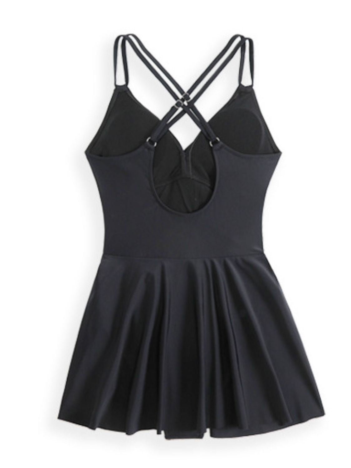 Black one-piece swimwear features a twisted front, crisscross double spaghetti straps, a fitted bodice, and a flared skirt silhouette.