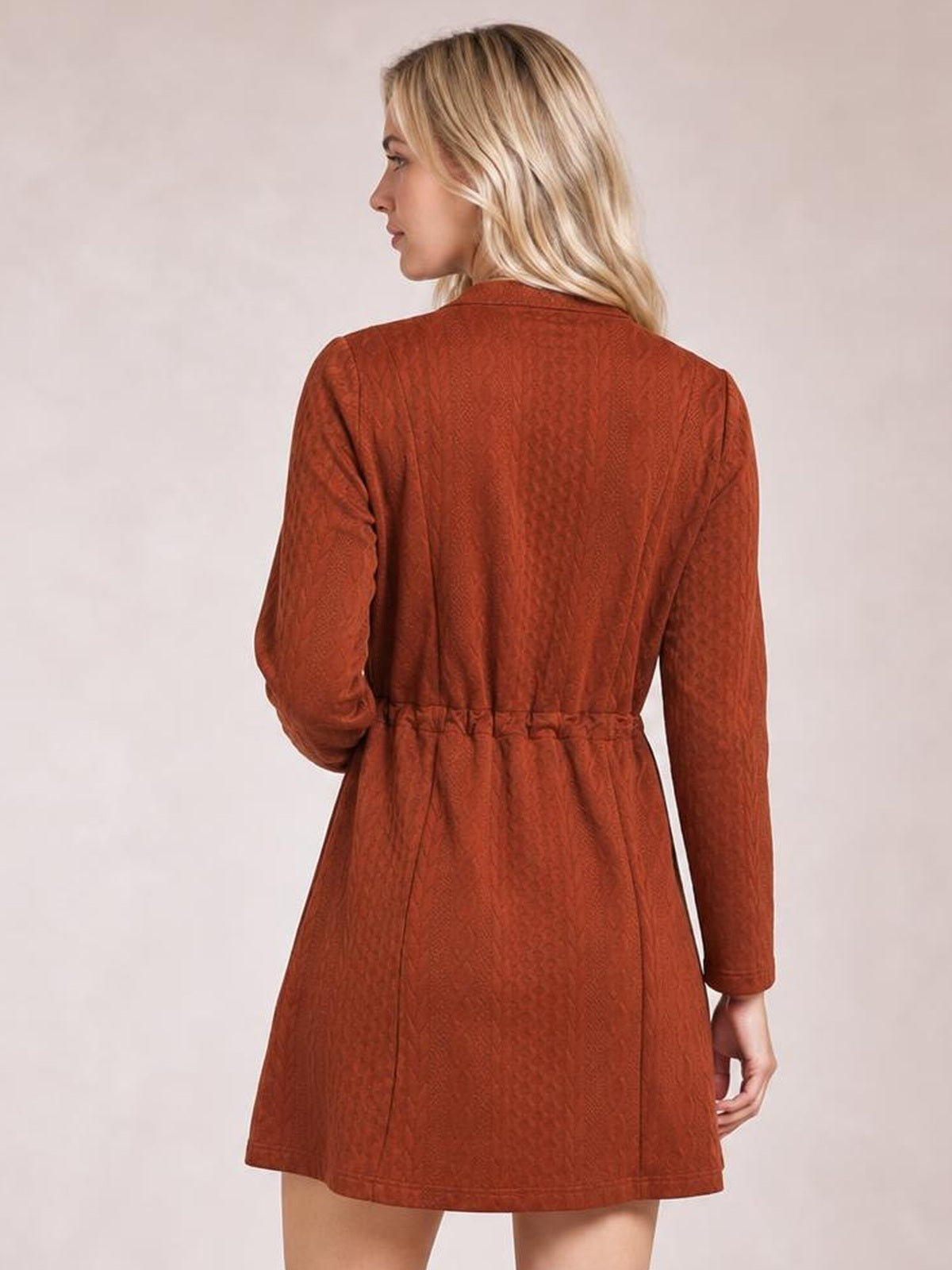 Model shown from the back wearing a rust-brown cable-knit mini dress with long sleeves, a collared neckline, drawstring waist, and flared silhouette.