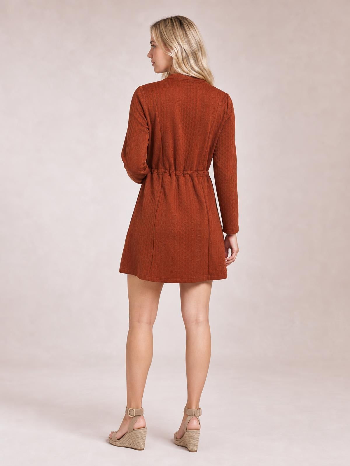 Model shown from the back in a rust cable-knit mini dress with long sleeves, a drawstring waist, subtle A-line silhouette, and short hem.