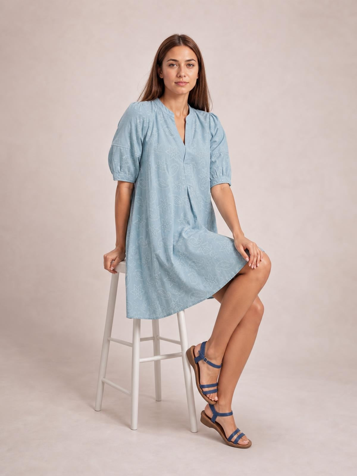 A seated model wears a light blue printed denim dress with contrast stitching, split V-neck, pleated front, elbow-length puff sleeves, and a relaxed silhouette.