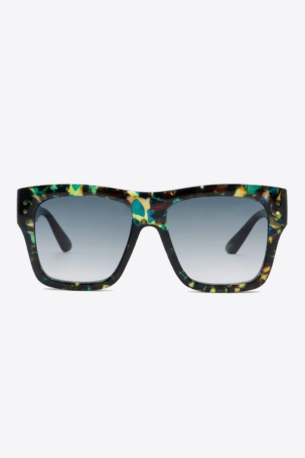 Bold square UV400 sunglasses feature a black polycarbonate frame with a multicolor patterned finish, broad silhouette, and dark gradient lenses.
