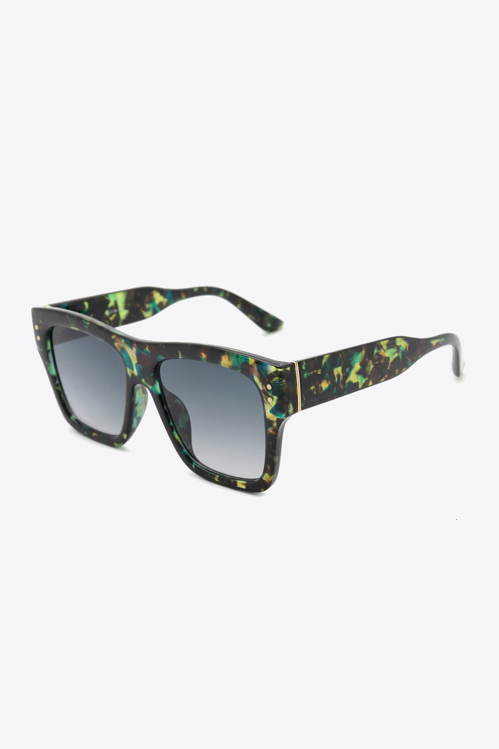 UV400 square sunglasses feature a bold black polycarbonate frame with a multicolor patterned finish, broad dark lenses, and sturdy matching temples.
