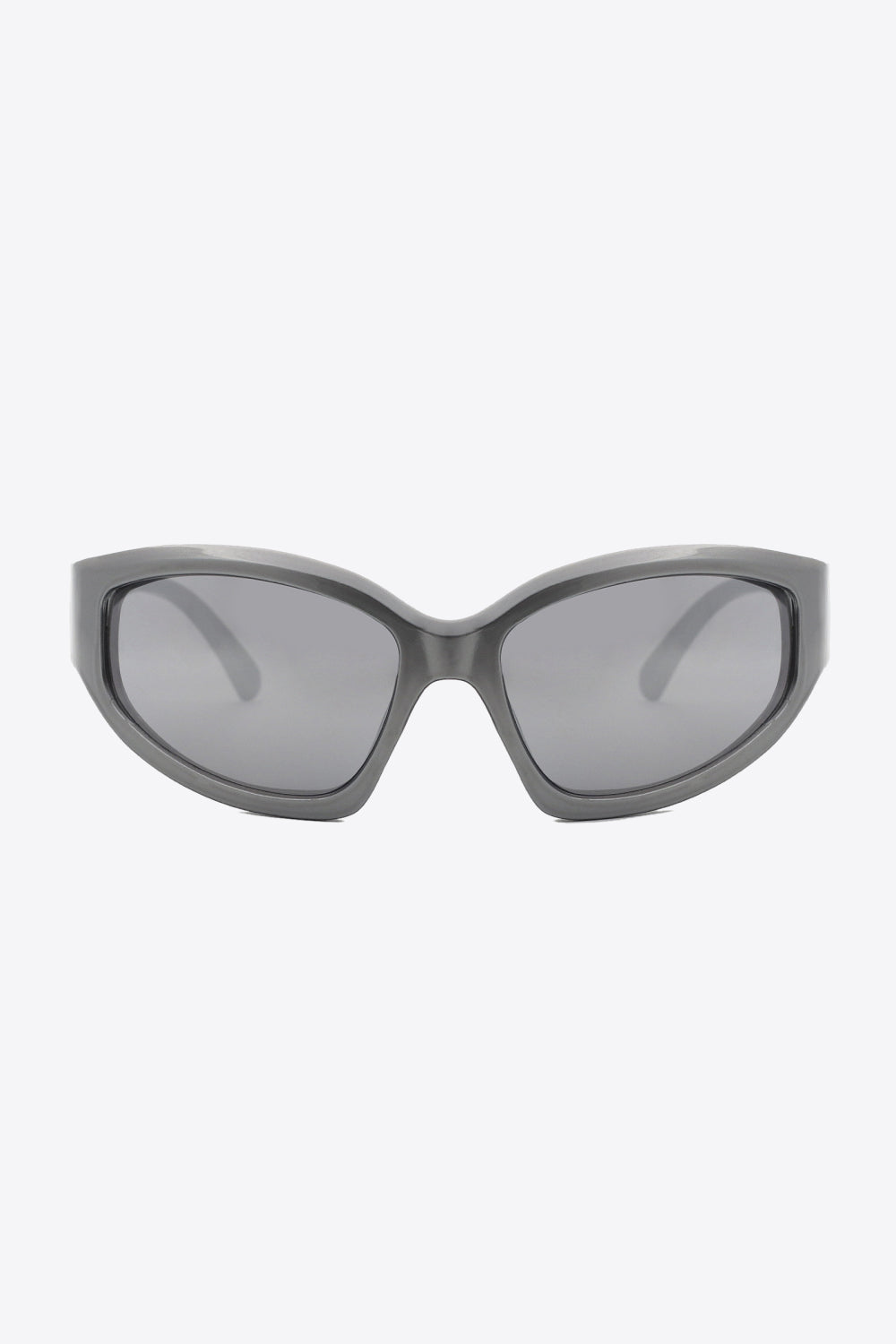 Mid-gray UV400 polycarbonate cat-eye sunglasses feature a bold, softly curved frame, streamlined temples, and matching gray-tinted lenses.