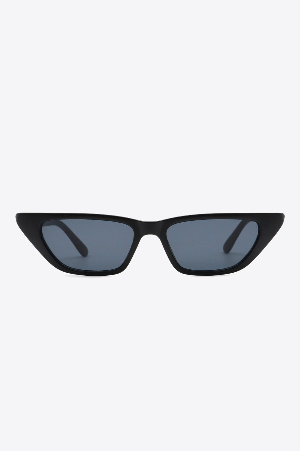 Black UV400 cat-eye sunglasses with dark lenses, a bold angular silhouette, tapered outer corners, and sleek polycarbonate frames and temples.