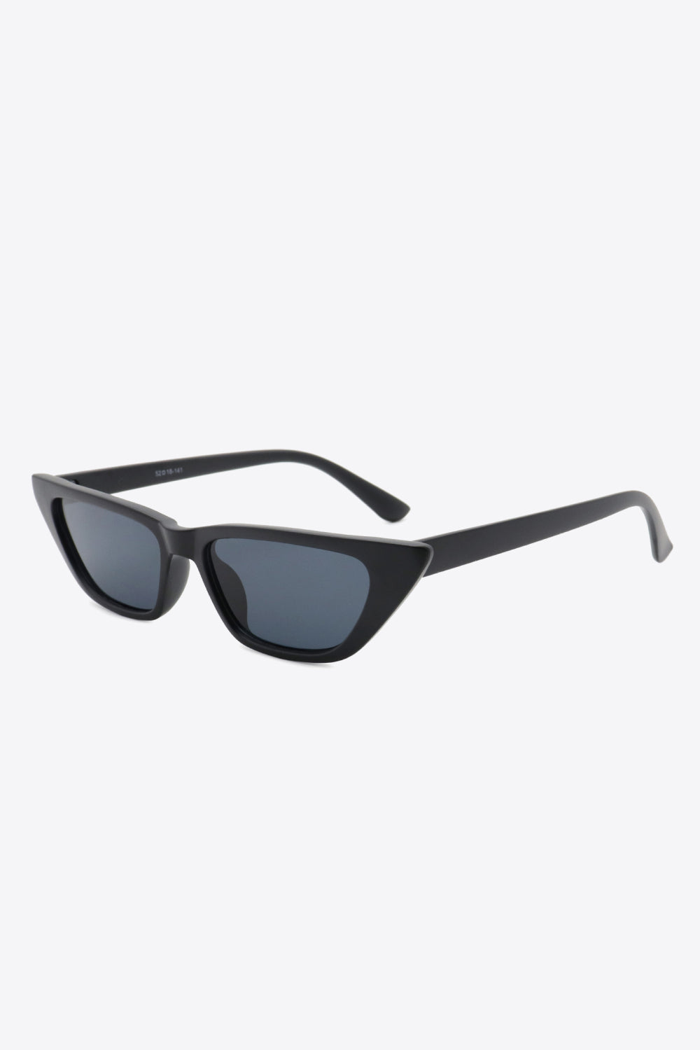 Black UV400 cat-eye sunglasses feature an angular polycarbonate frame, tapered corners, dark lenses, and sleek temples for a structured retro-modern silhouette.
