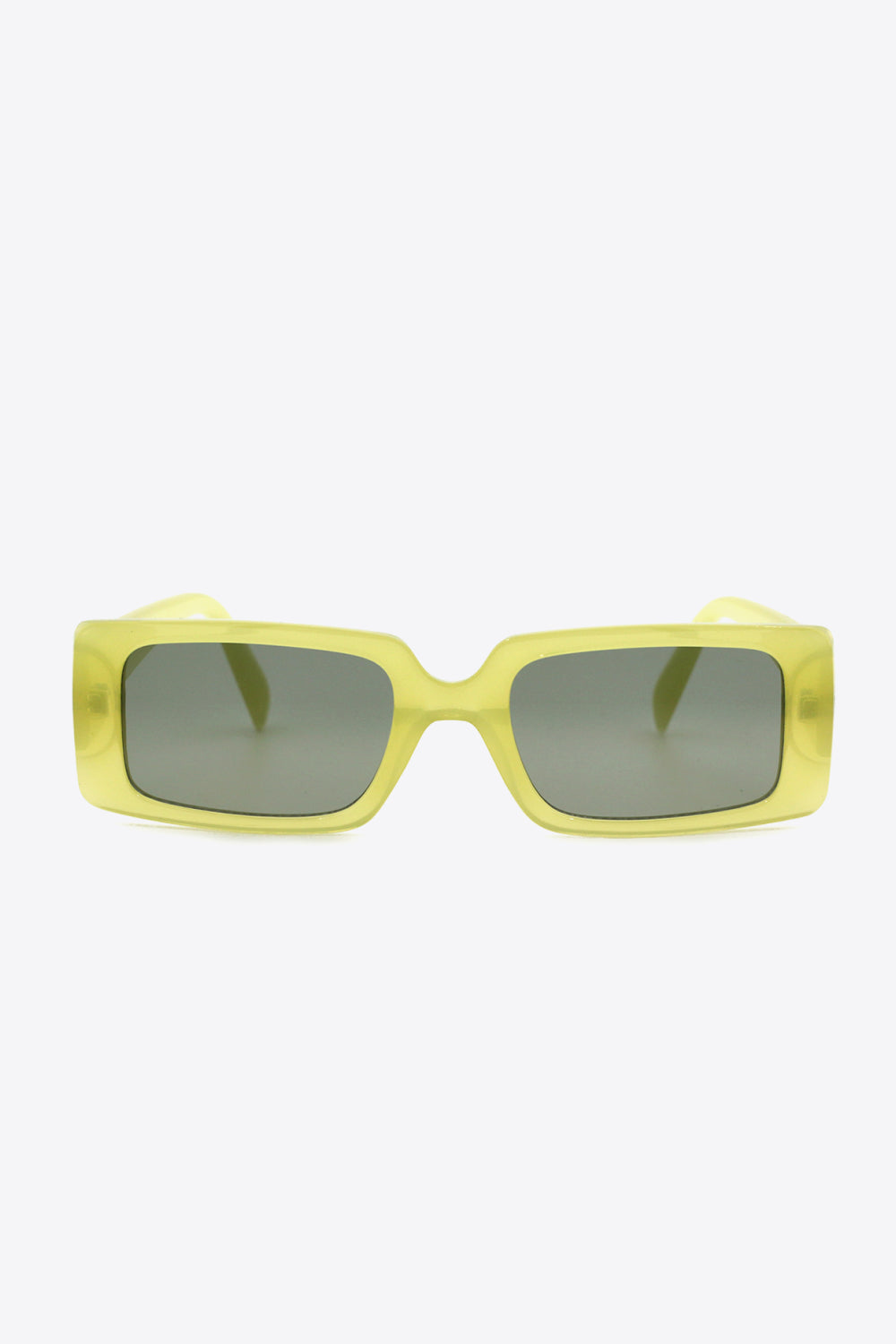 Yellow-green UV400 polycarbonate rectangle sunglasses feature softly squared frames, dark-tinted lenses, and a streamlined, bold silhouette.