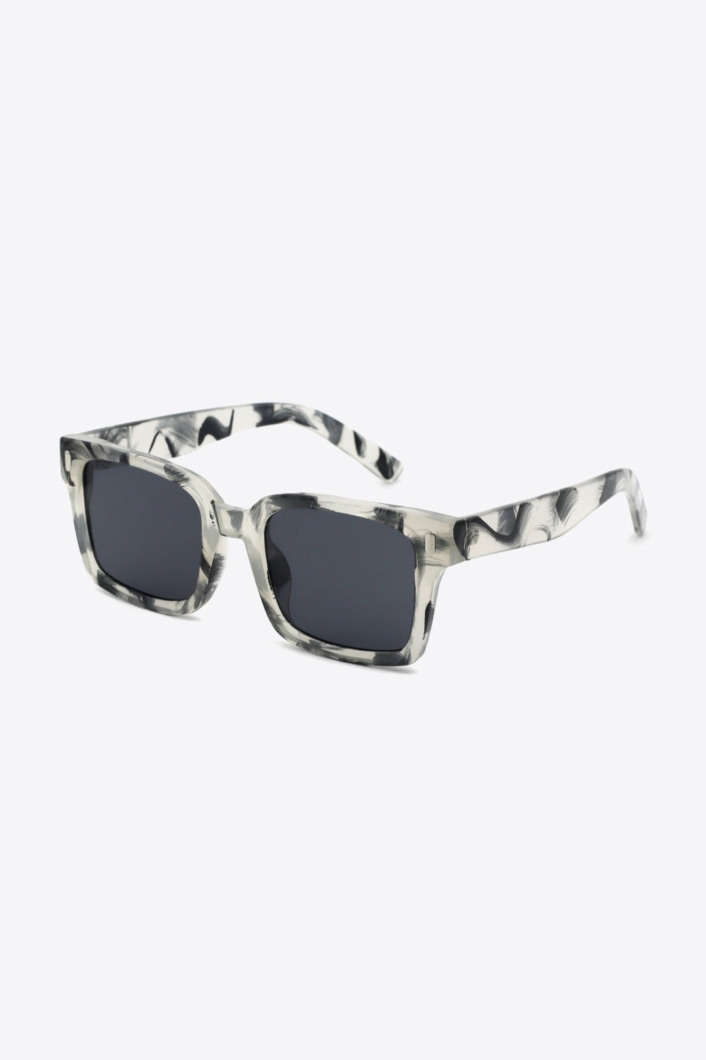 UV400 polycarbonate square sunglasses feature a translucent gray marbled frame, dark lenses, softly rounded corners, and broad temples in a three-quarter view.