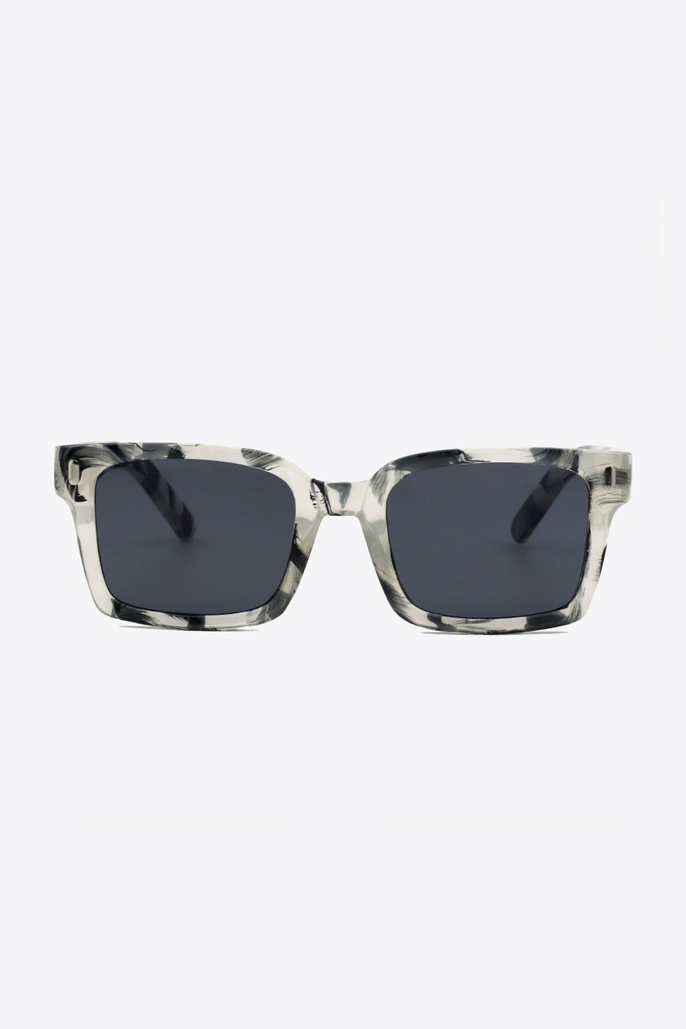 UV400 polycarbonate square sunglasses feature broad, softly rounded dark lenses and a substantial translucent black-marbled frame with defined temples.