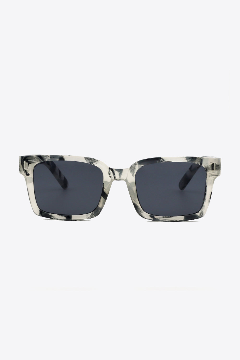 UV400 polycarbonate square sunglasses feature broad, softly rounded dark lenses and a substantial translucent black-marbled frame with defined temples.