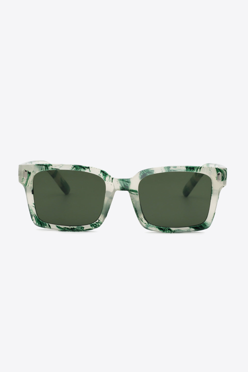 UV400 polycarbonate square sunglasses with broad dark lenses and thick, softly rounded translucent green marbled frames for a bold, structured silhouette.