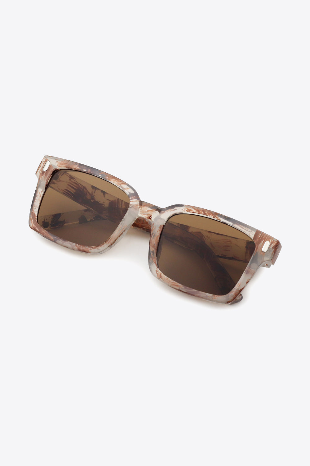 UV400 polycarbonate square sunglasses feature broad softly rounded-square lenses in brown with thick marbled taupe and brown frames for a bold, modern silhouette.